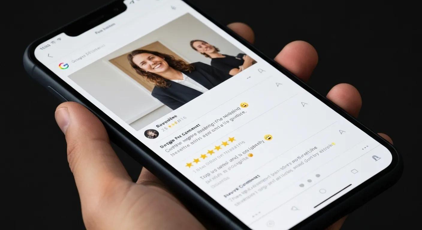 Smartphone displaying a Google review page with 5-star ratings and positive comments, highlighting customer engagement