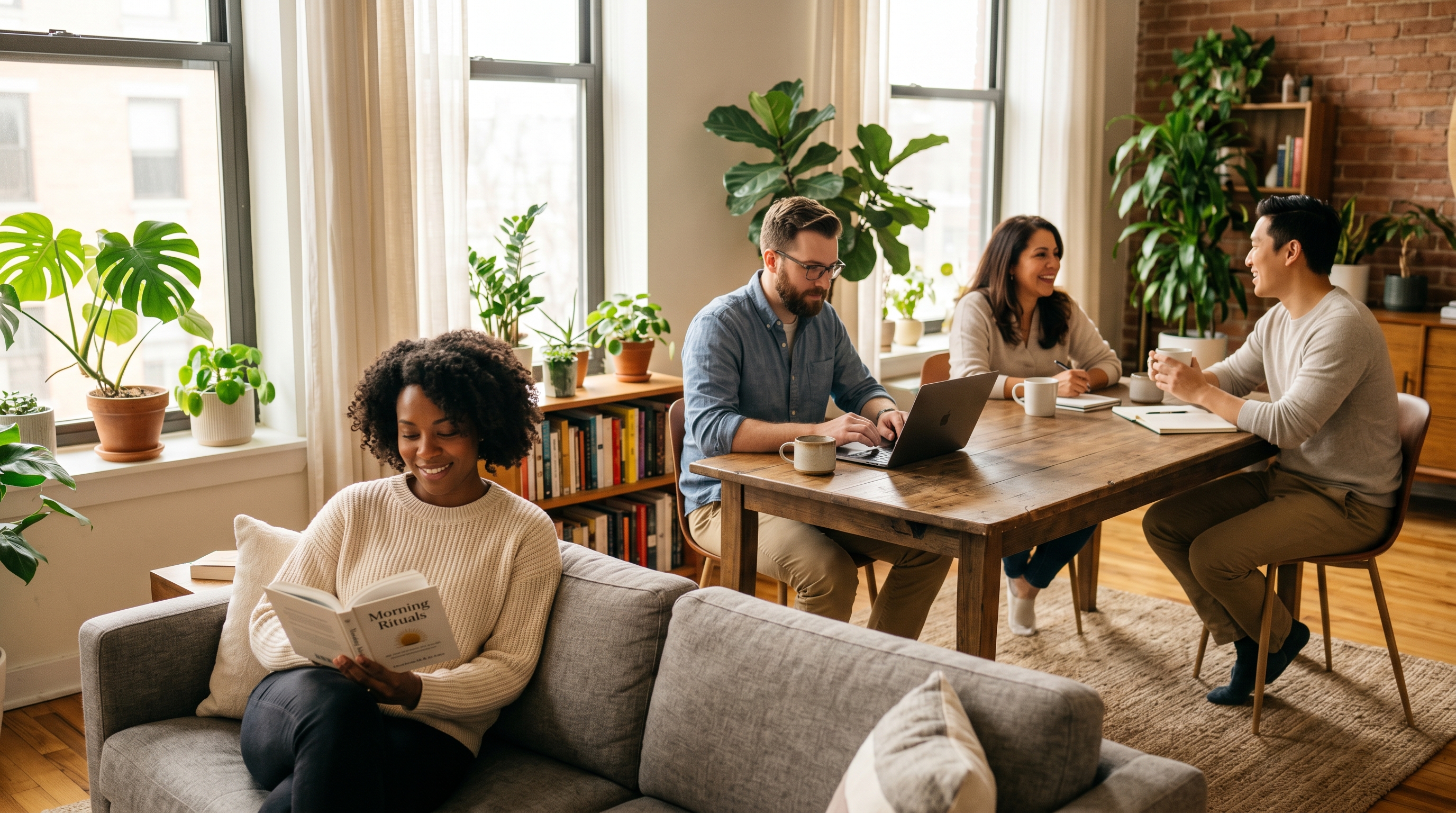 Researchers collaborating in a bright living room