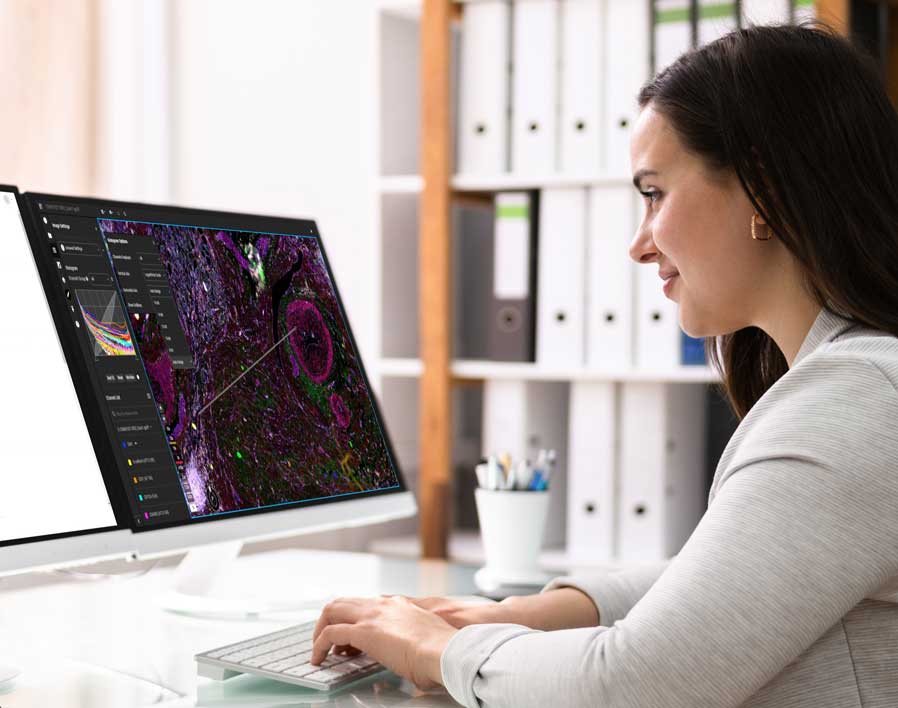 pathologist viewing slides with Pathcore software