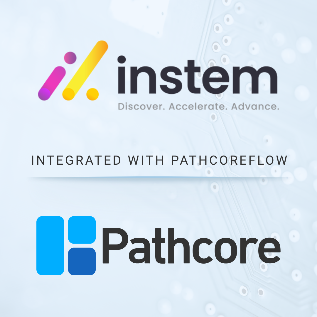 a clean image with faint software imagery in the background. In the foreground, Instem's logo sits on top of Pathcore's logo and there is text that reads "Integrated with Pathcoreflow"