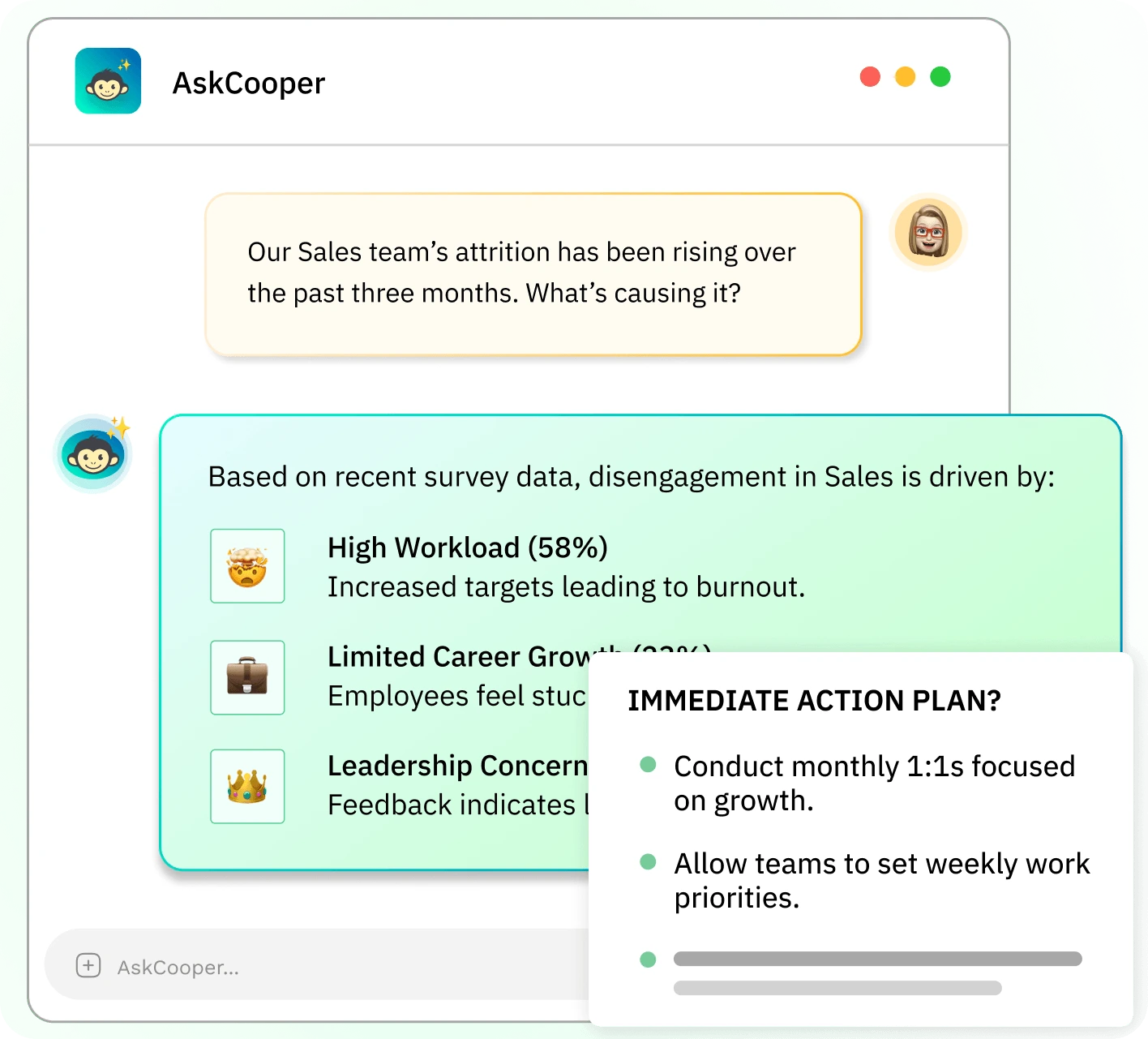 CultureMonkey AI-powered analytics dashboard with AskCooper engagement insights and open-text sentiment analysis