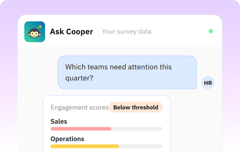 AskCooper AI dashboard answering HR team engagement questions without analyst support
