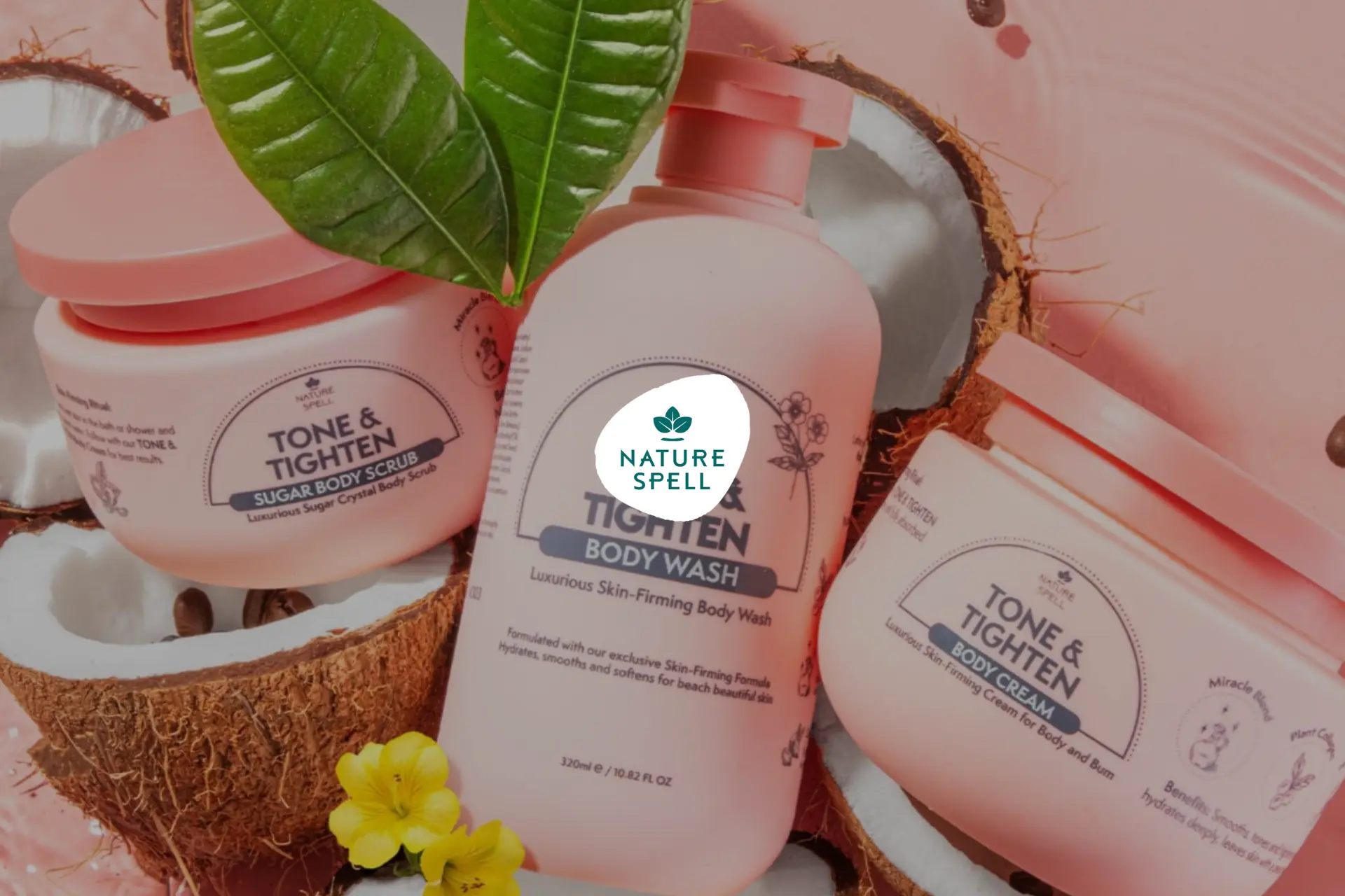 A bottle of Tone & Tighten body wash with a coconut on top.