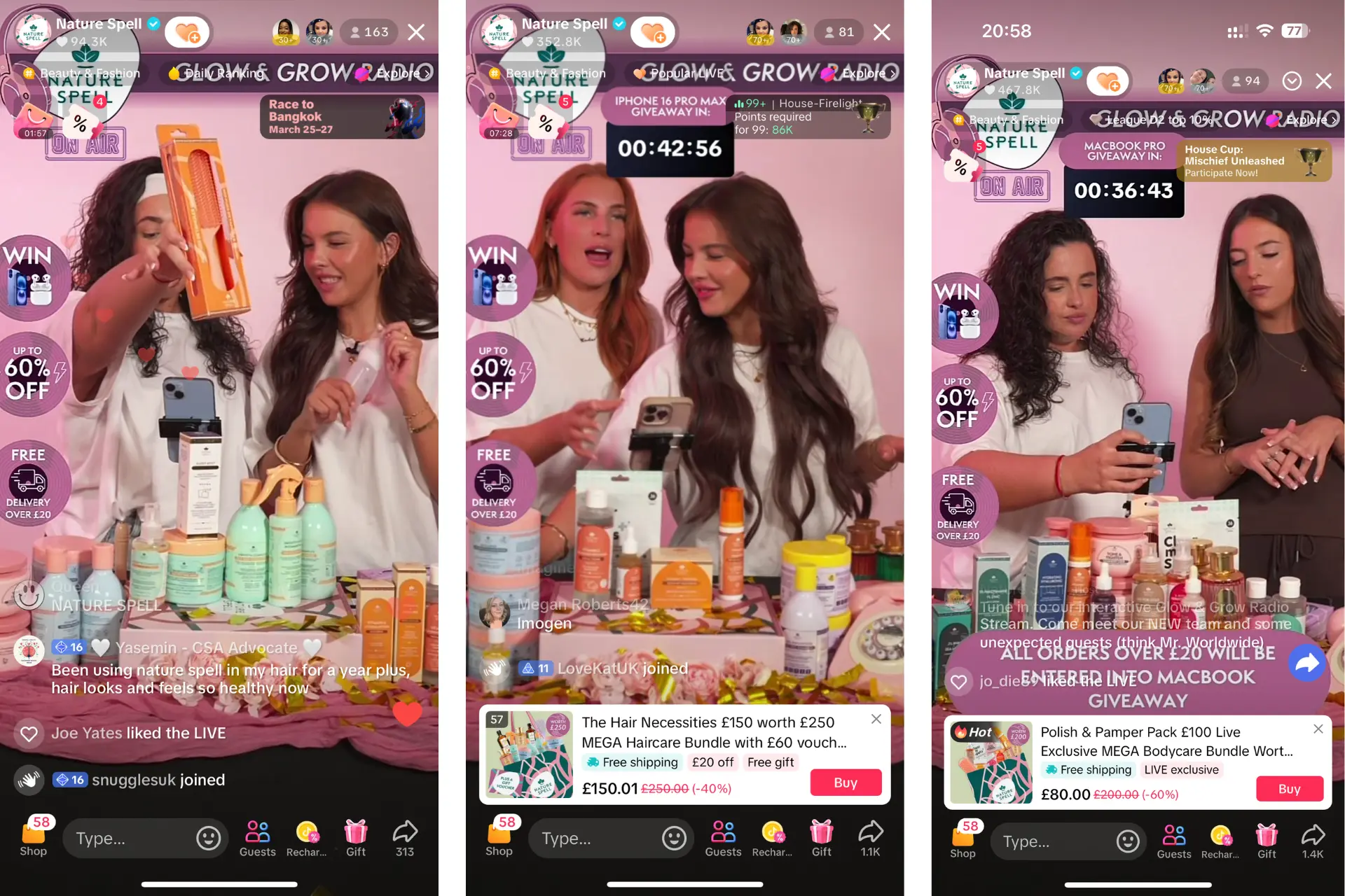 Three screens showcasing a woman holding a bottle of lotion.