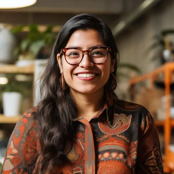A woman wearing glasses and a brown shirt.