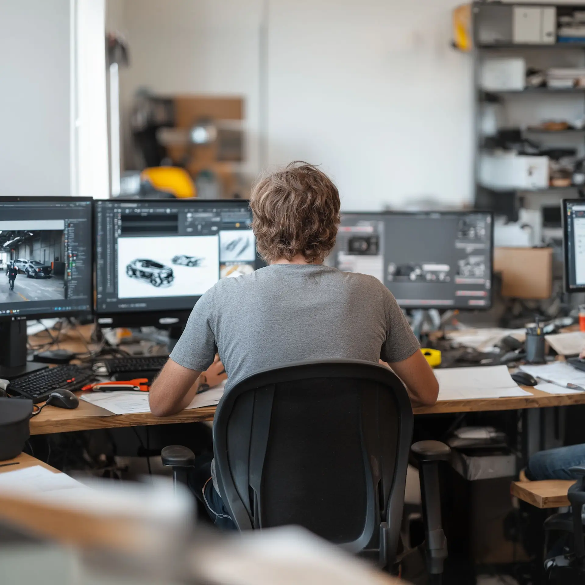 Two men working on computers in a room.
