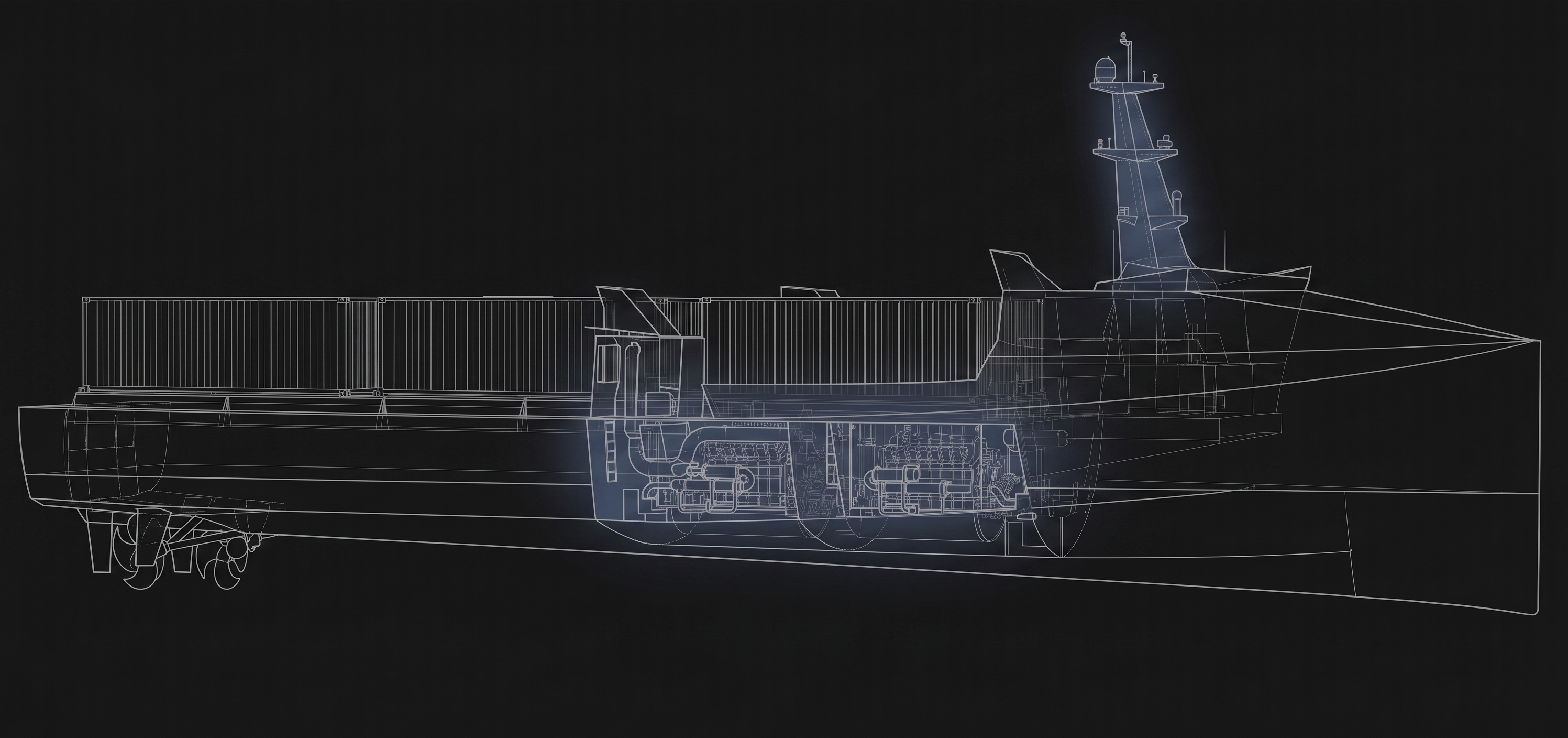 Wireframe blueprint diagram of the Liberty ship, labeled with Perception Suite, Electric Grid, and Diesel Engine Modules