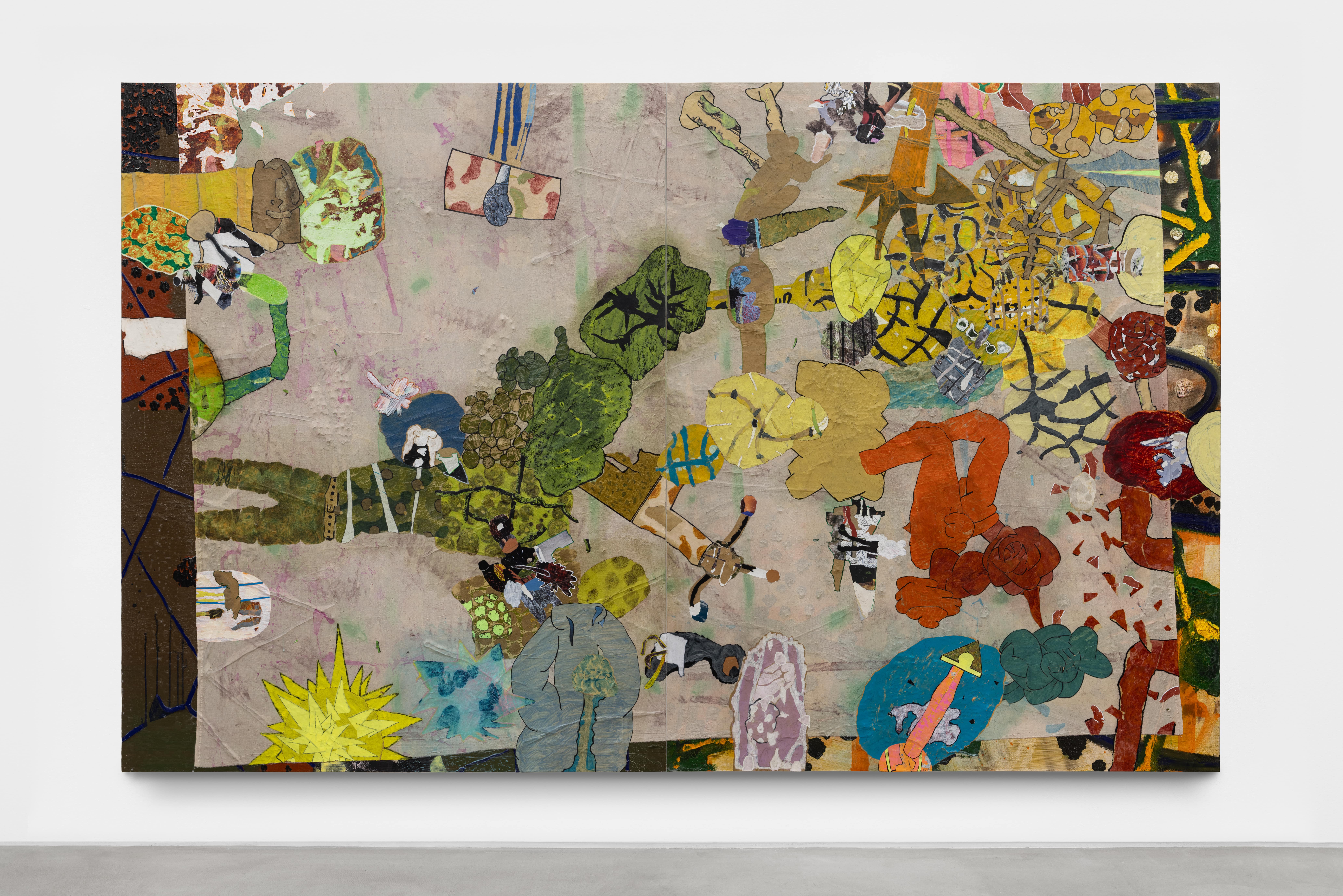 Crash 2026 collages on unprimed canvas, oil paint and alkyd resin on canvas 200 x 320 cm (diptych)