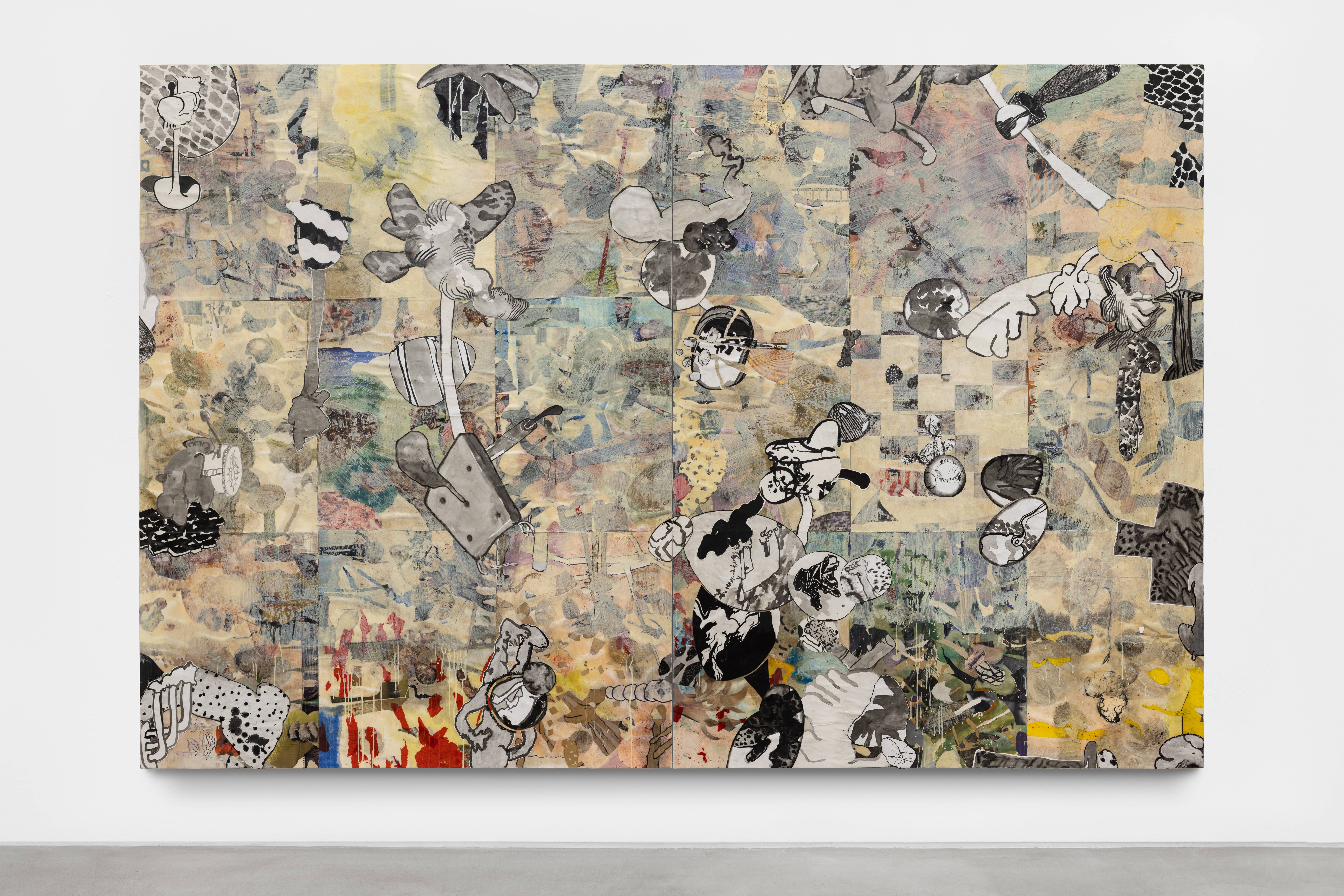 Feast for One 2026 collages on drawings on 300 gsm Arches cotton paper mounted on linen canvas, Liquitex 183 x 276 cm (diptych)