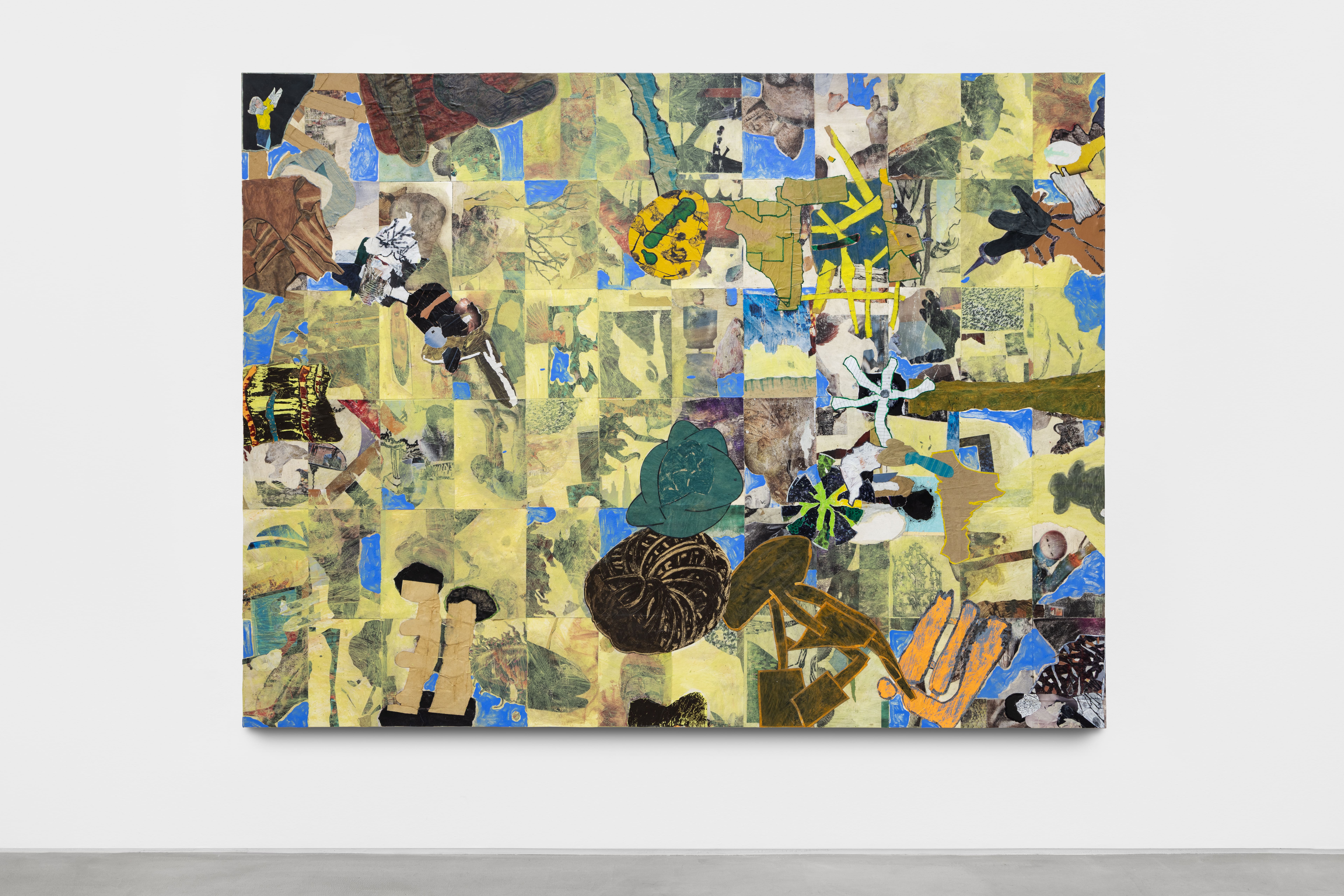 Apocalypse Party 2026 collages on drawings on 300 gsm Arches cotton paper, mounted on linen canvas; Liquitex 138 x 183 cm