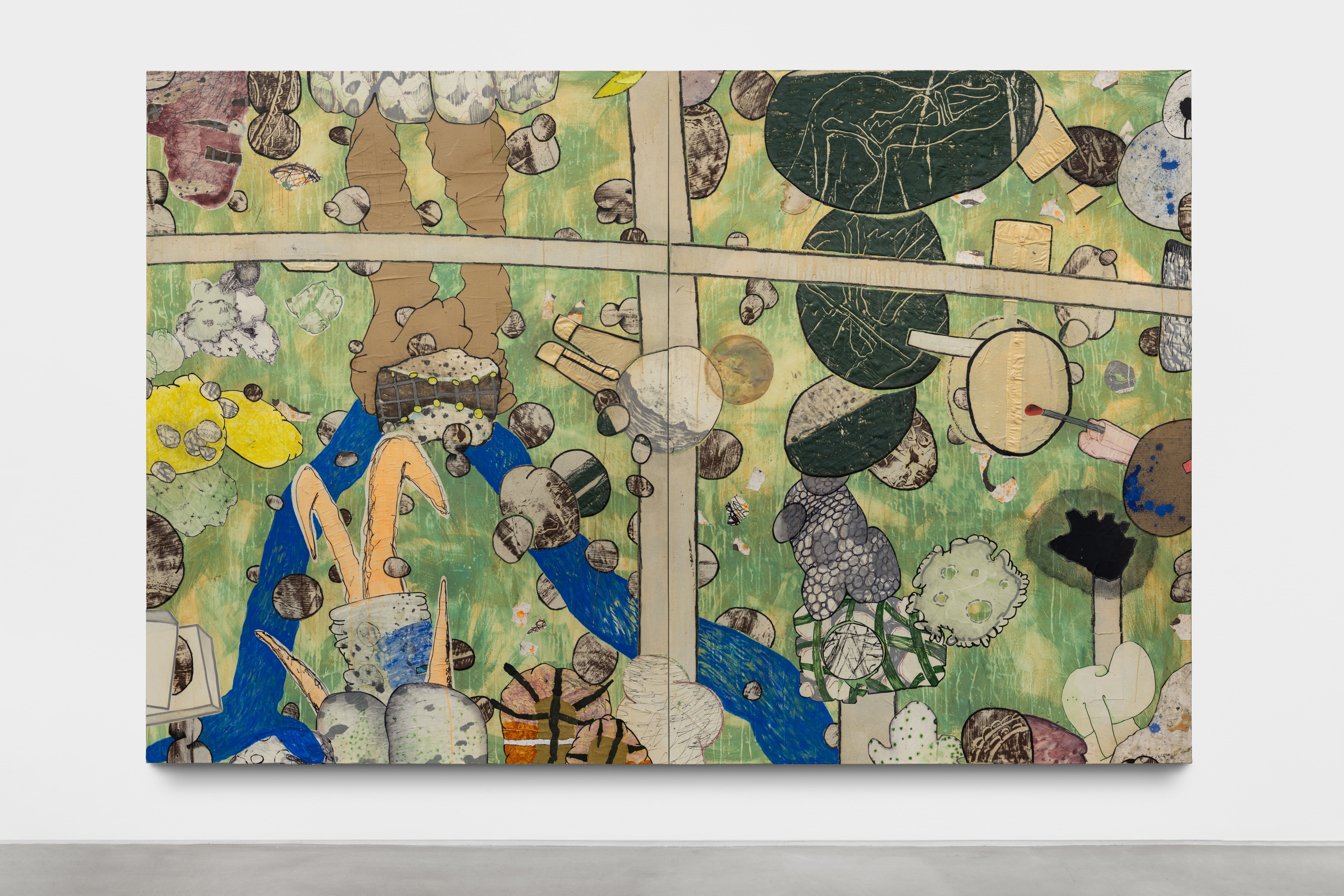 The Giant and the Destruction 2026 collages and Liquitex on canvas; unprimed canvas; oil paint 183 x 276 cm (diptych)