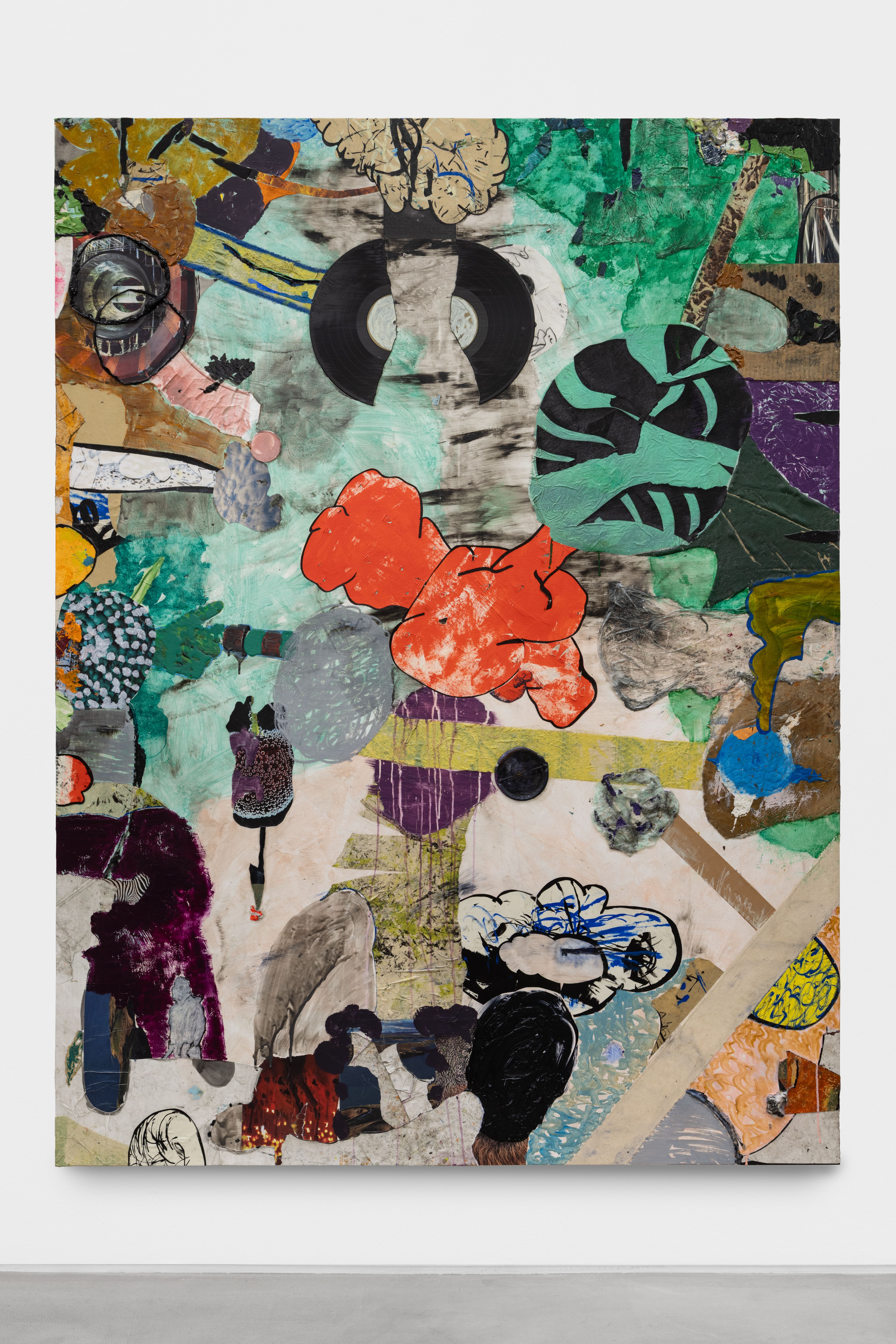 Storm Written in Verse 2026 collages and Liquitex on canvas; broken vinyl record 183 x 138 cm
