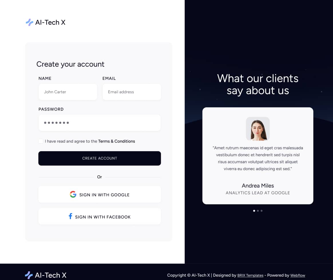 AI-Tech X - Sign Up Page - Artificial Intelligence Technology Webflow Template