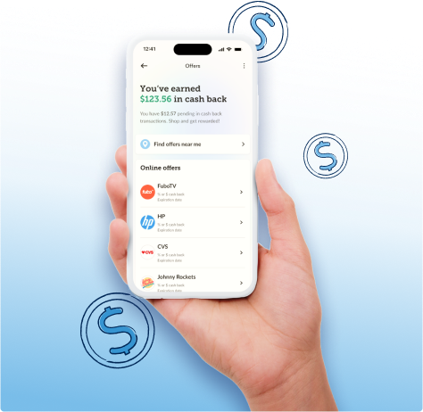 Hand holding a mobile phone that is showing cash back feature screen