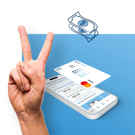 A hand with two fingers held up to denote 2 days early feature. A mobile phone is shown behind the hand with a BankMobile debit card above the phone.