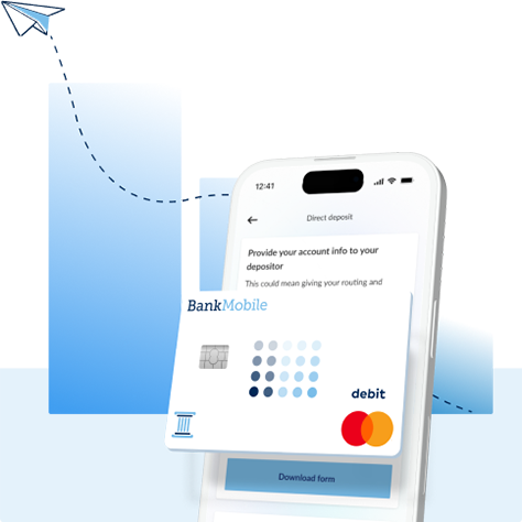 A Mobile phone with a BankMobile Debit Card and a graph imge behind denoting savings with interest feature.