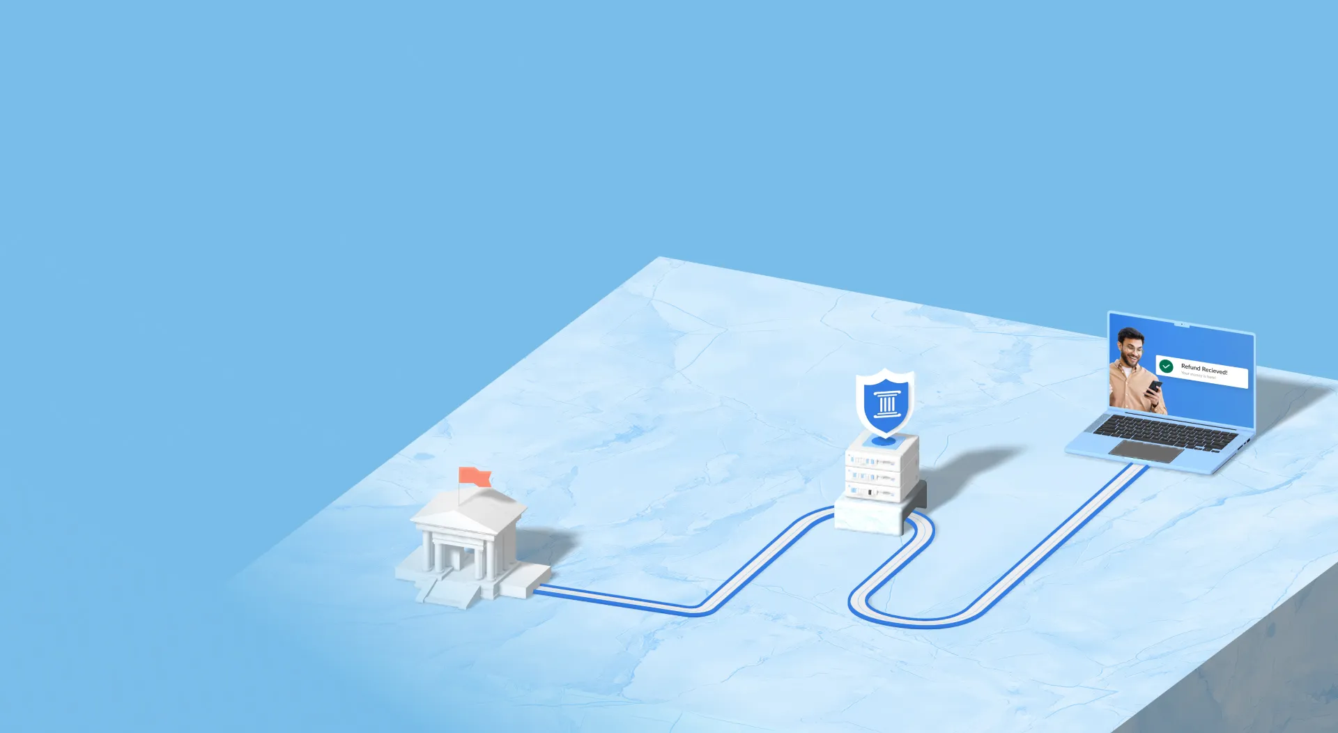 An illustration of a bank that has a path to a secure area and then the path continues ti the Disbursements website that is shown on a laptop
