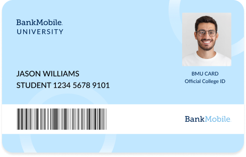 A sample ID card that includes a barcode, logo, and student image.