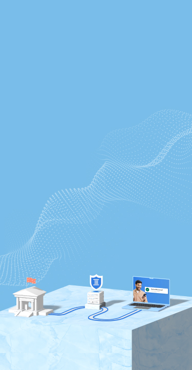 An illustration of a bank that is connected to a laptop with a screen open that is with a Disbursements icon of a security shield