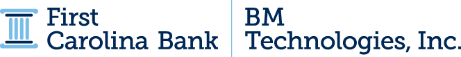 A joined logo with First CarolinaBank and the logo for BM Technologies, Inc.