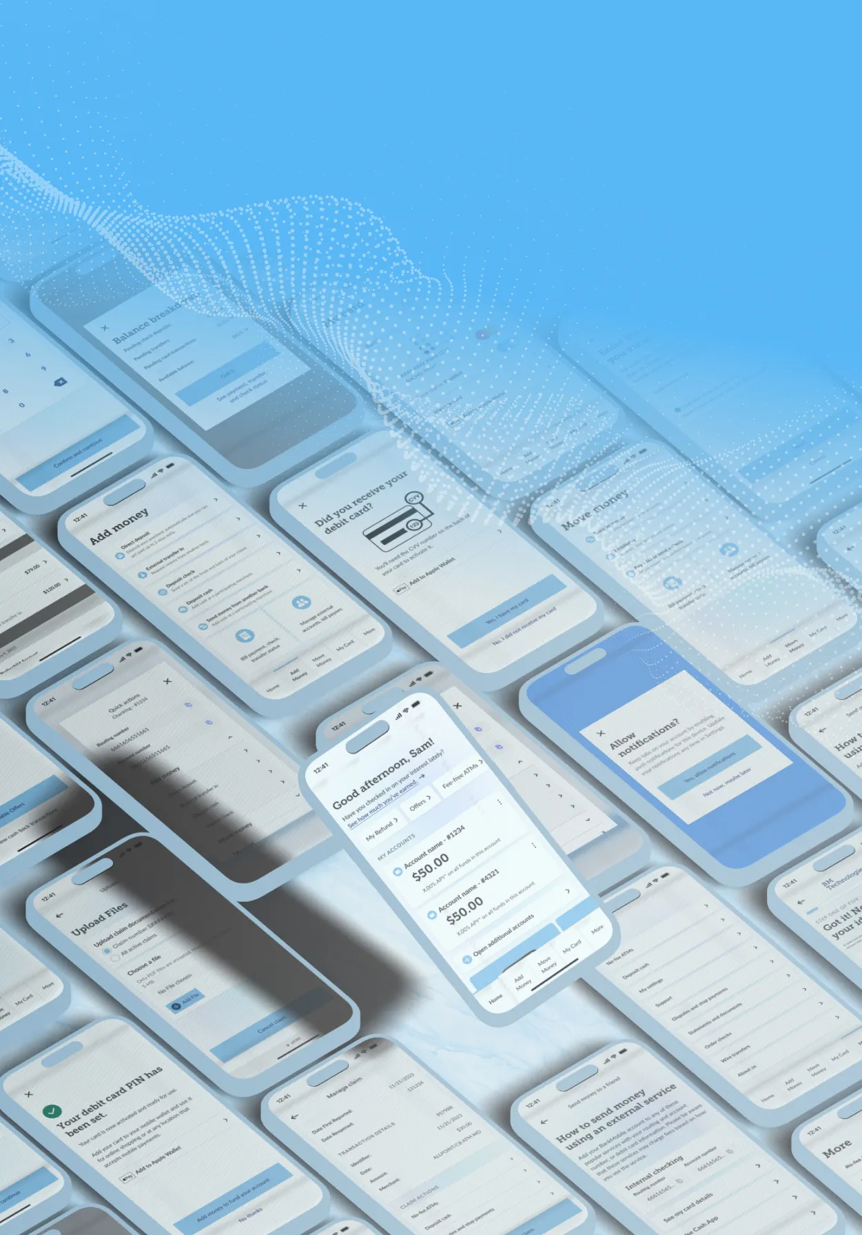 About 50 screens of the BakMobile App on mobile screens all laying side by side like a sea of mobile features.
