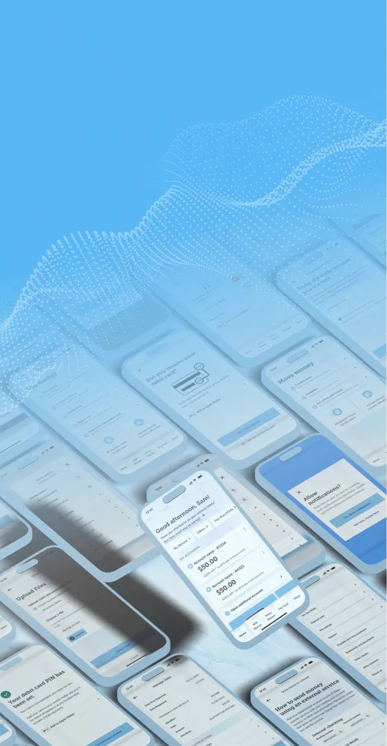 About 50 screens of the BakMobile App on mobile screens all laying side by side like a sea of mobile features.