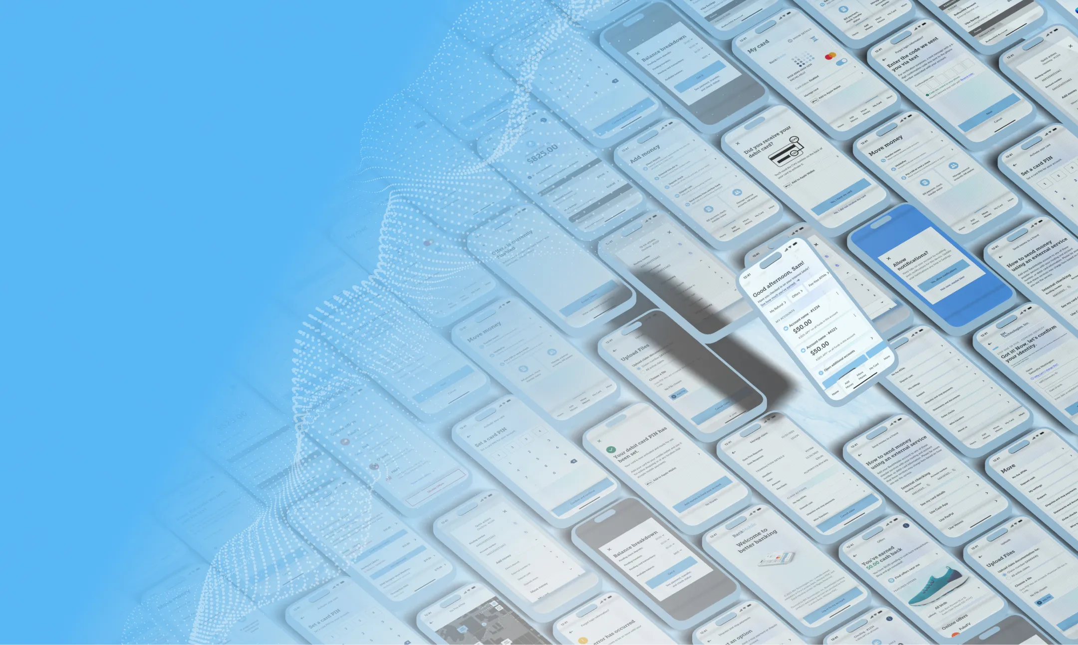 About 50 screens of the BakMobile App on mobile screens all laying side by side like a sea of mobile features.