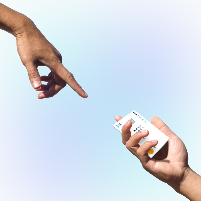 Two hands passing off a BankMobile Debit Card.