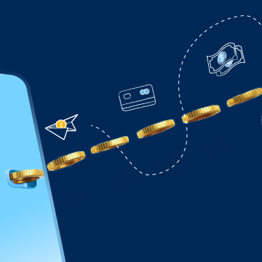 Coins flying into a screen of a mobile phone to denote savings added to your mobile app.