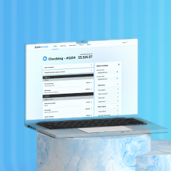 Laptop sitting on a column with BankMobile screens to show the BankMobile App