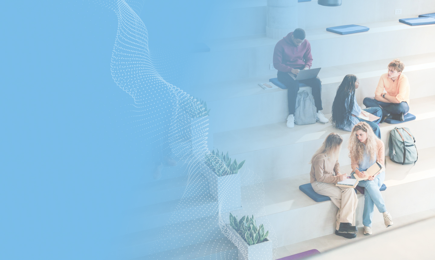 University students and teacher walking and studying in modern bleachers