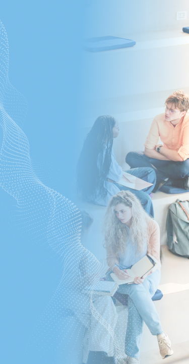 University students and teacher walking and studying in modern bleachers