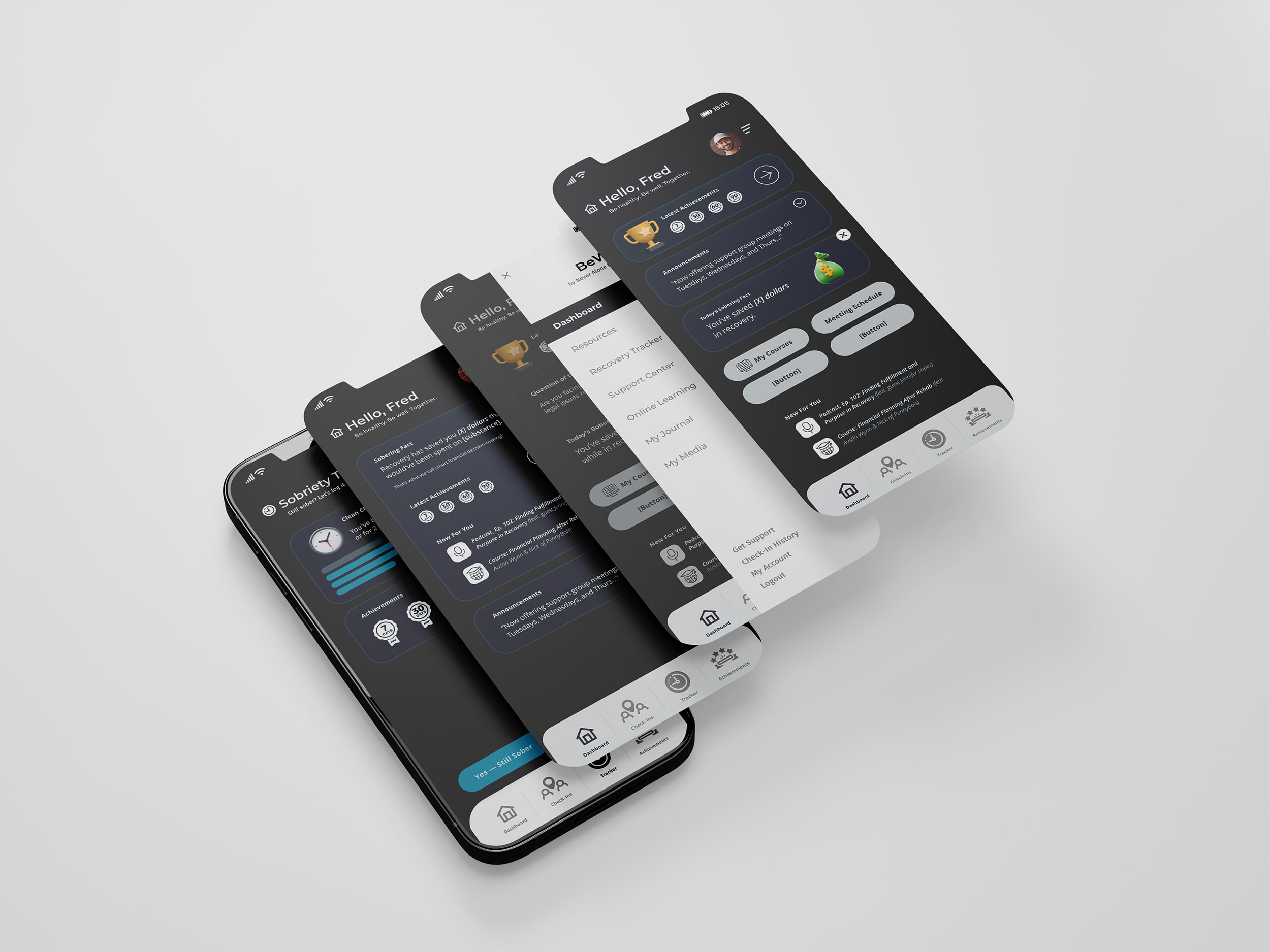 Never Alone Recovery app on an iPhone, multiple panels