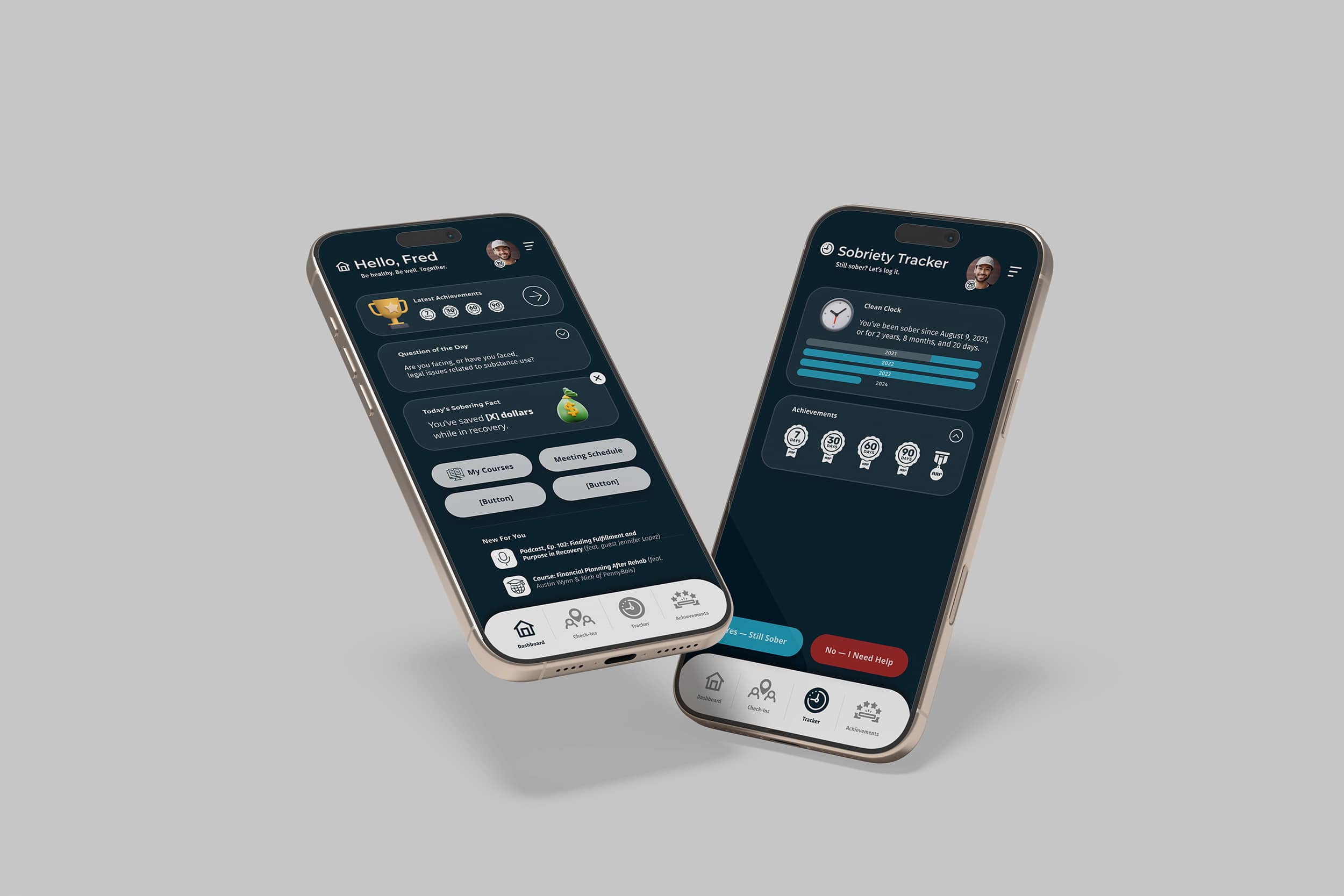 Phones showing different tabs of the Never Alone Recovery mobile app