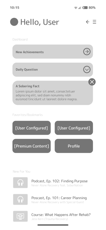 Never Alone Recovery mobile app wireframe showing the primary dashboard (without a dock)