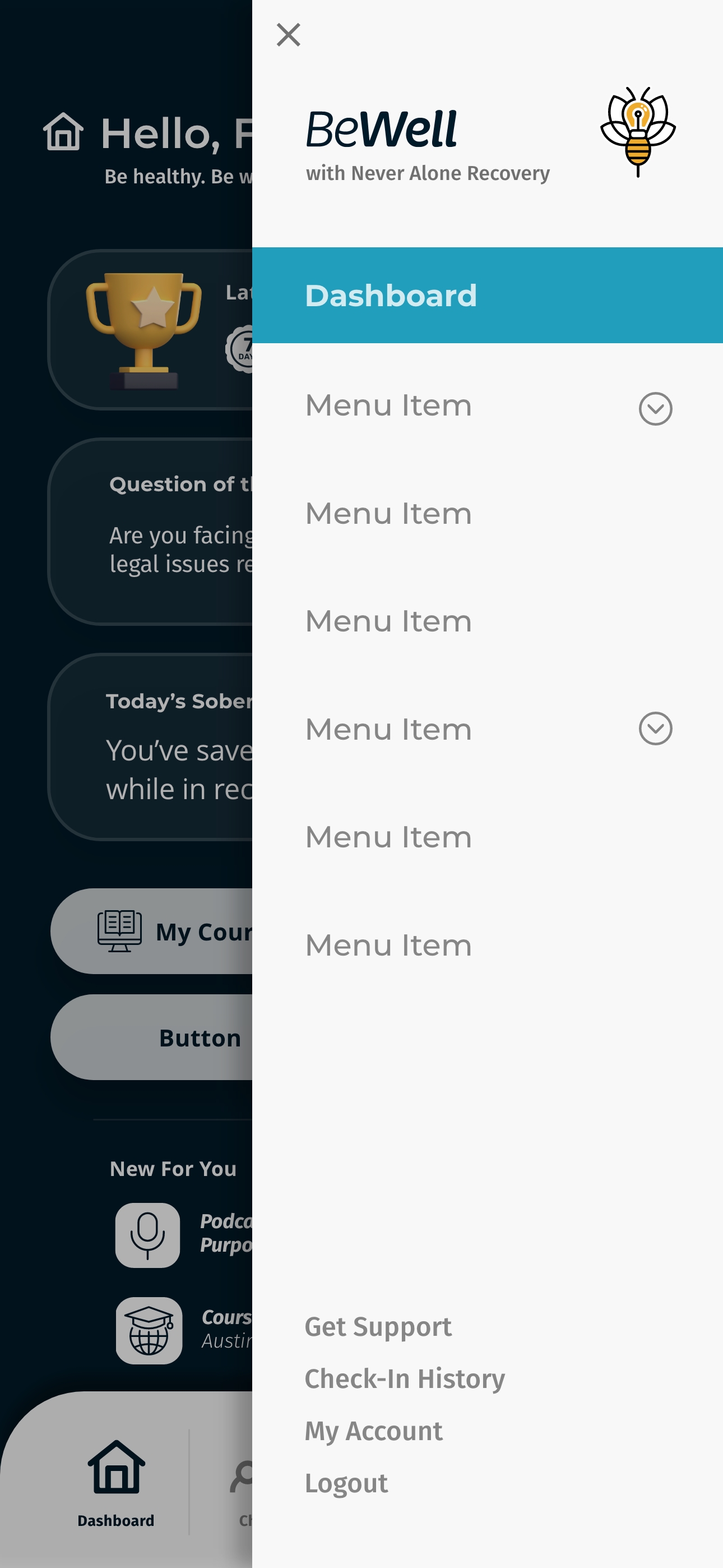 Never Alone Recovery mobile app slide-out navigation