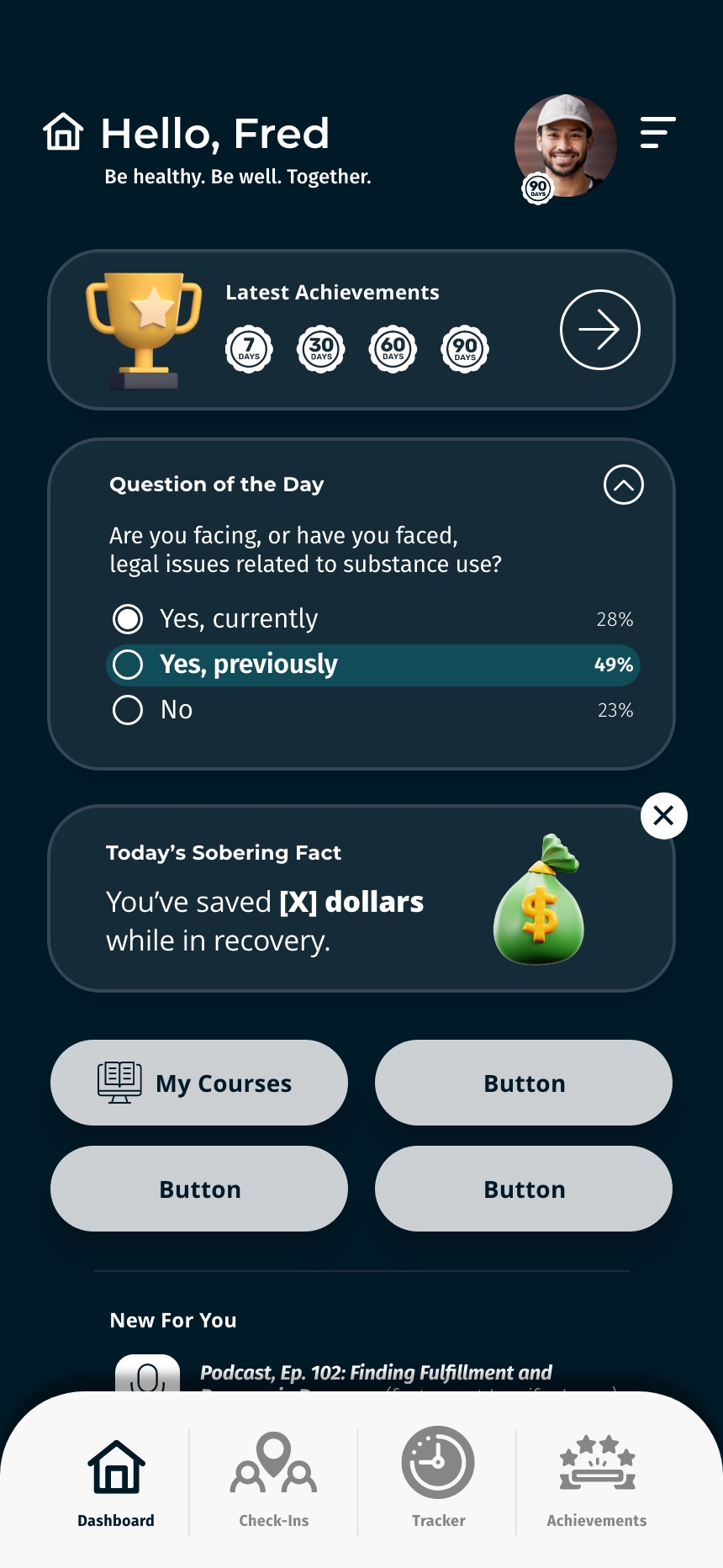 Never Alone Recovery mobile app dashboard with UI demo
