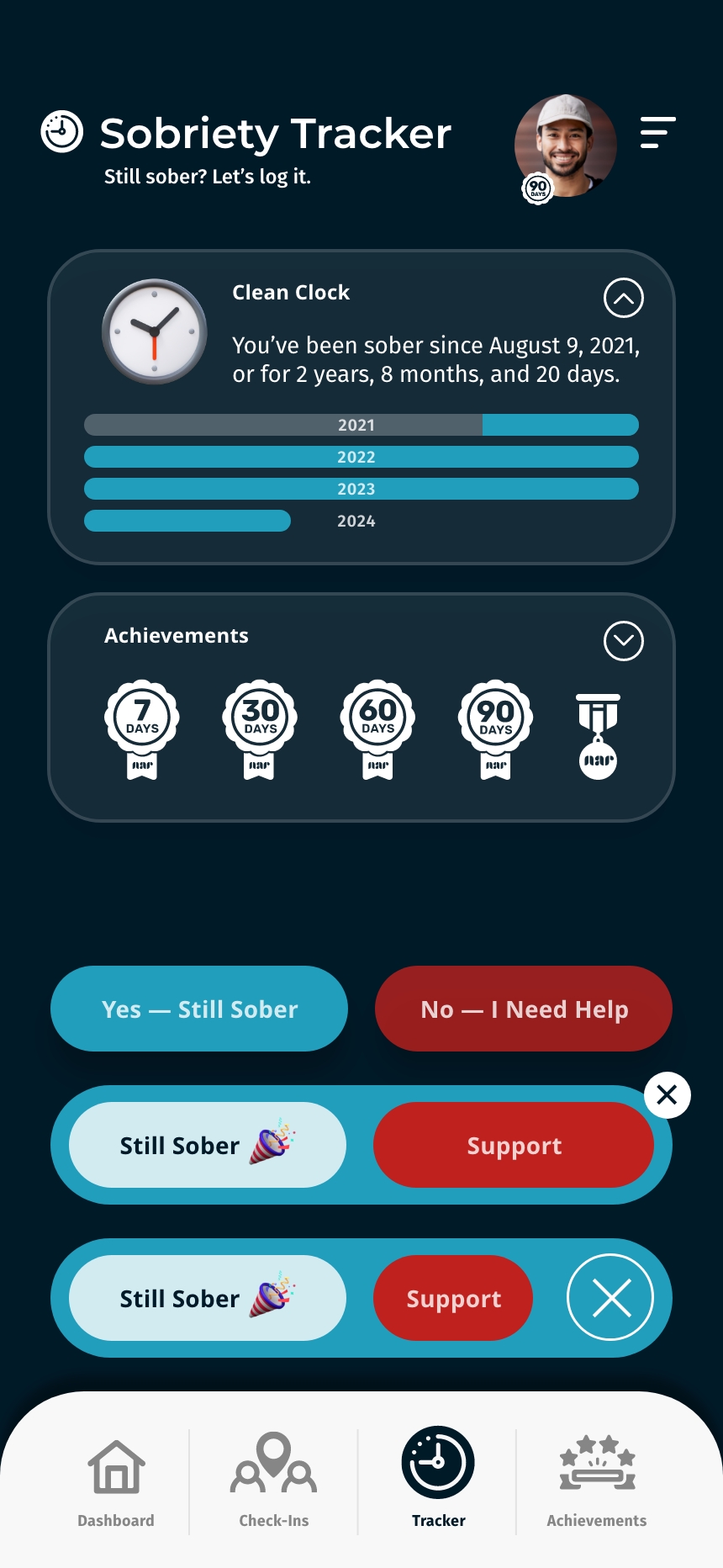 Never Alone Recovery mobile app dashboard with UI demo