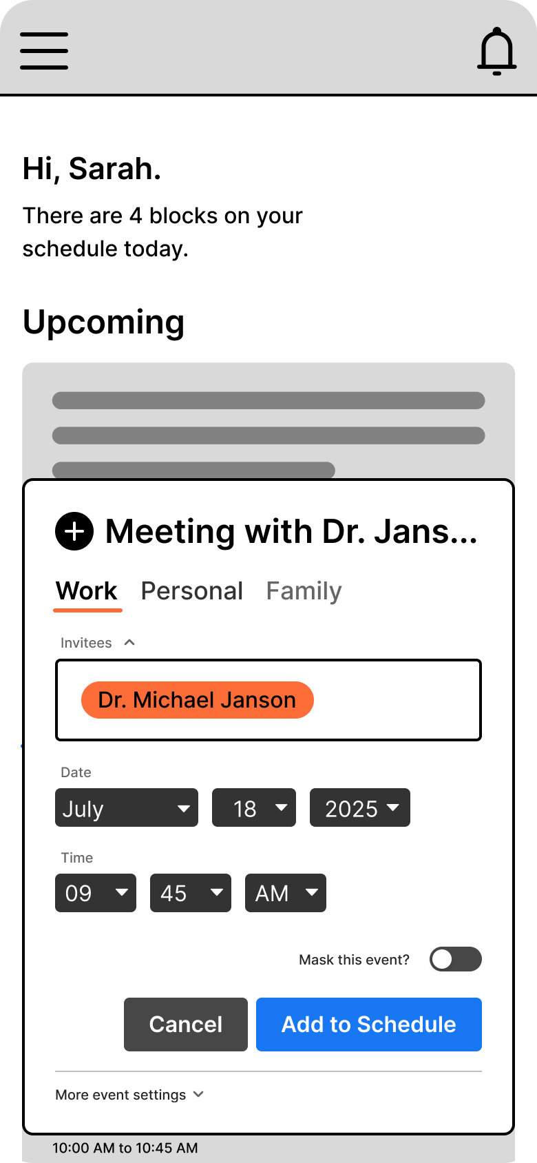 Schedually high-fidelity wireframe image, new work event modal