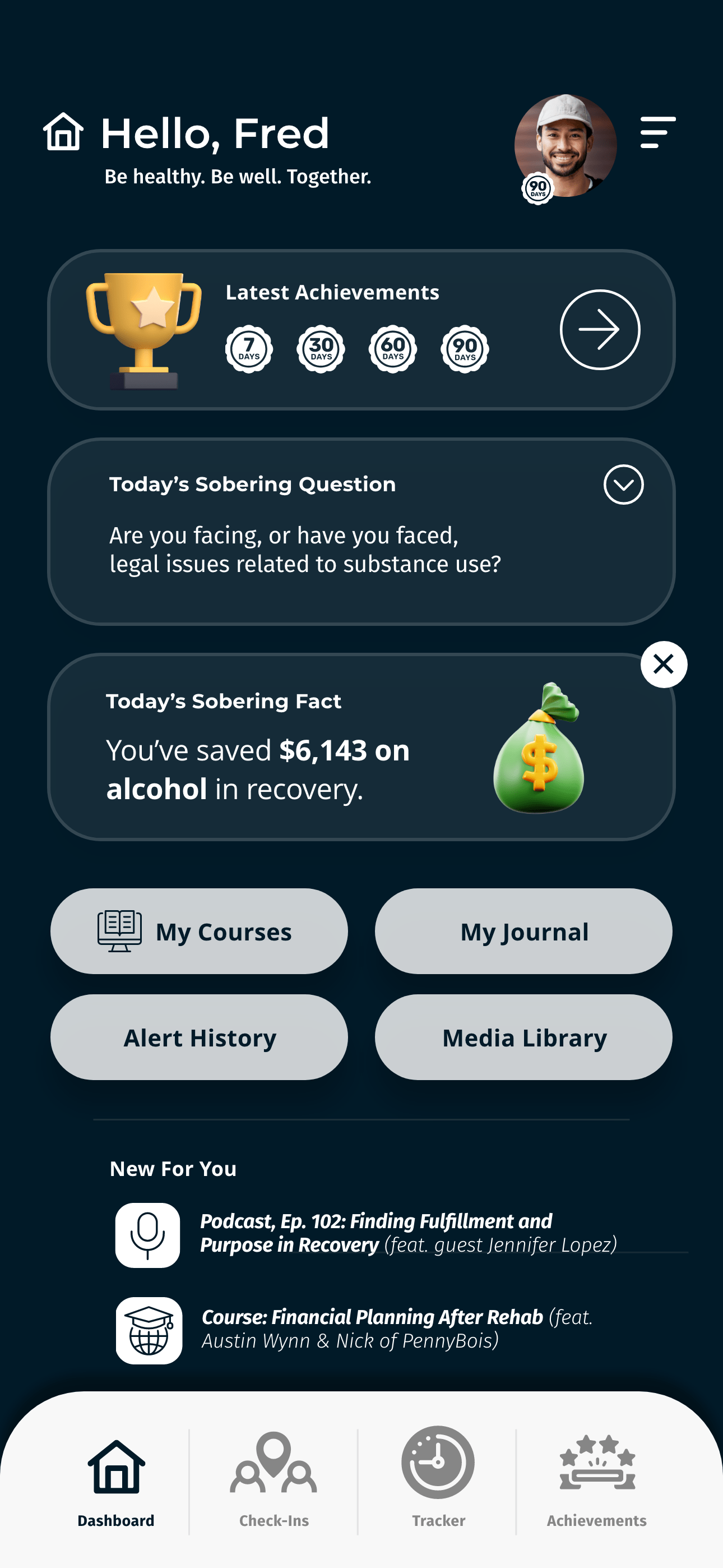 Never Alone Recovery mobile app dashboard