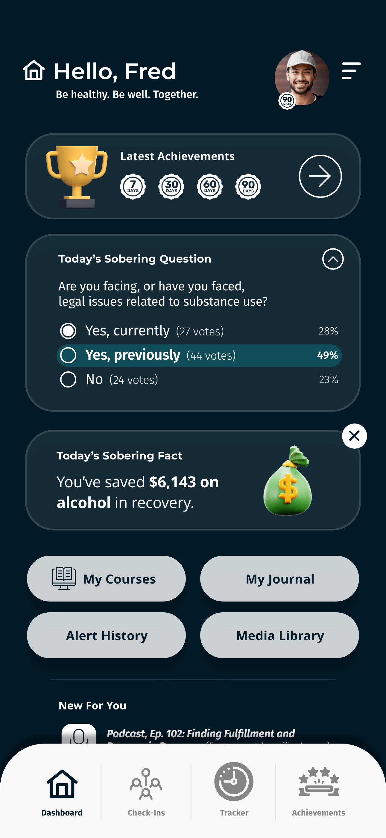 Never Alone Recovery mobile app dashboard with UI demo