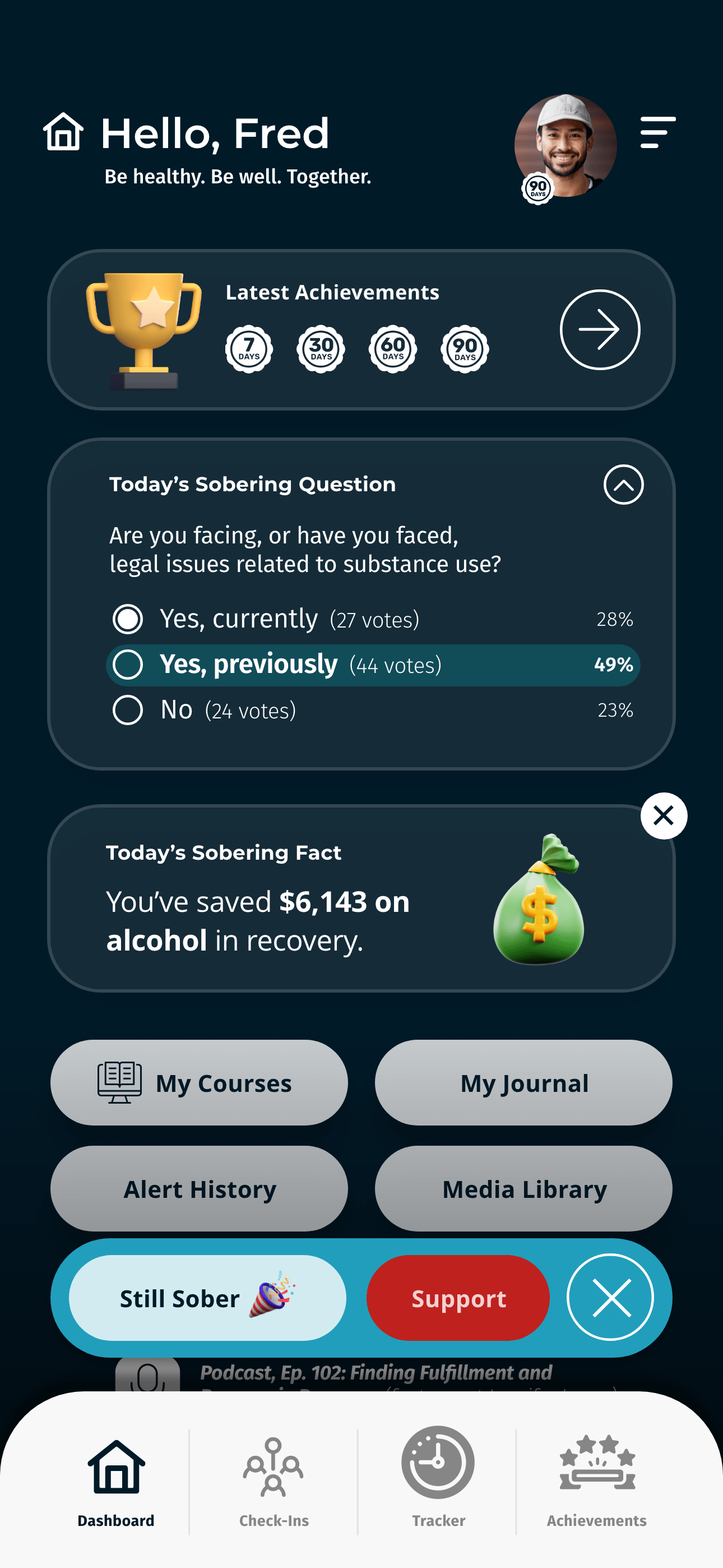 Never Alone Recovery mobile app dashboard with UI demo
