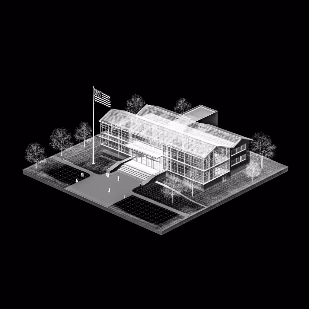 schematic of a school with the American flag waving