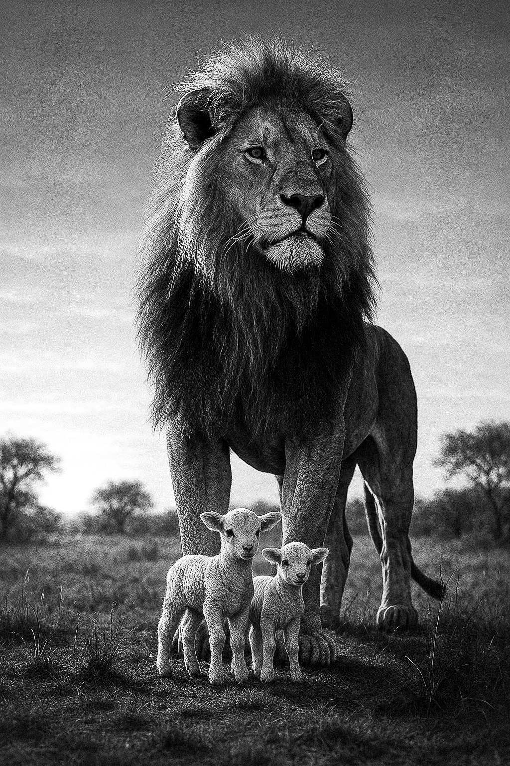 A powerful lion stands watchfully beside two lambs in an open field, symbolizing the mission of Valiance Firearms Training—to be strong yet gentle protectors. The image reflects the heart behind our training: to prepare men and women to defend their families with courage, compassion, and the same protective love our Heavenly Father shows us.