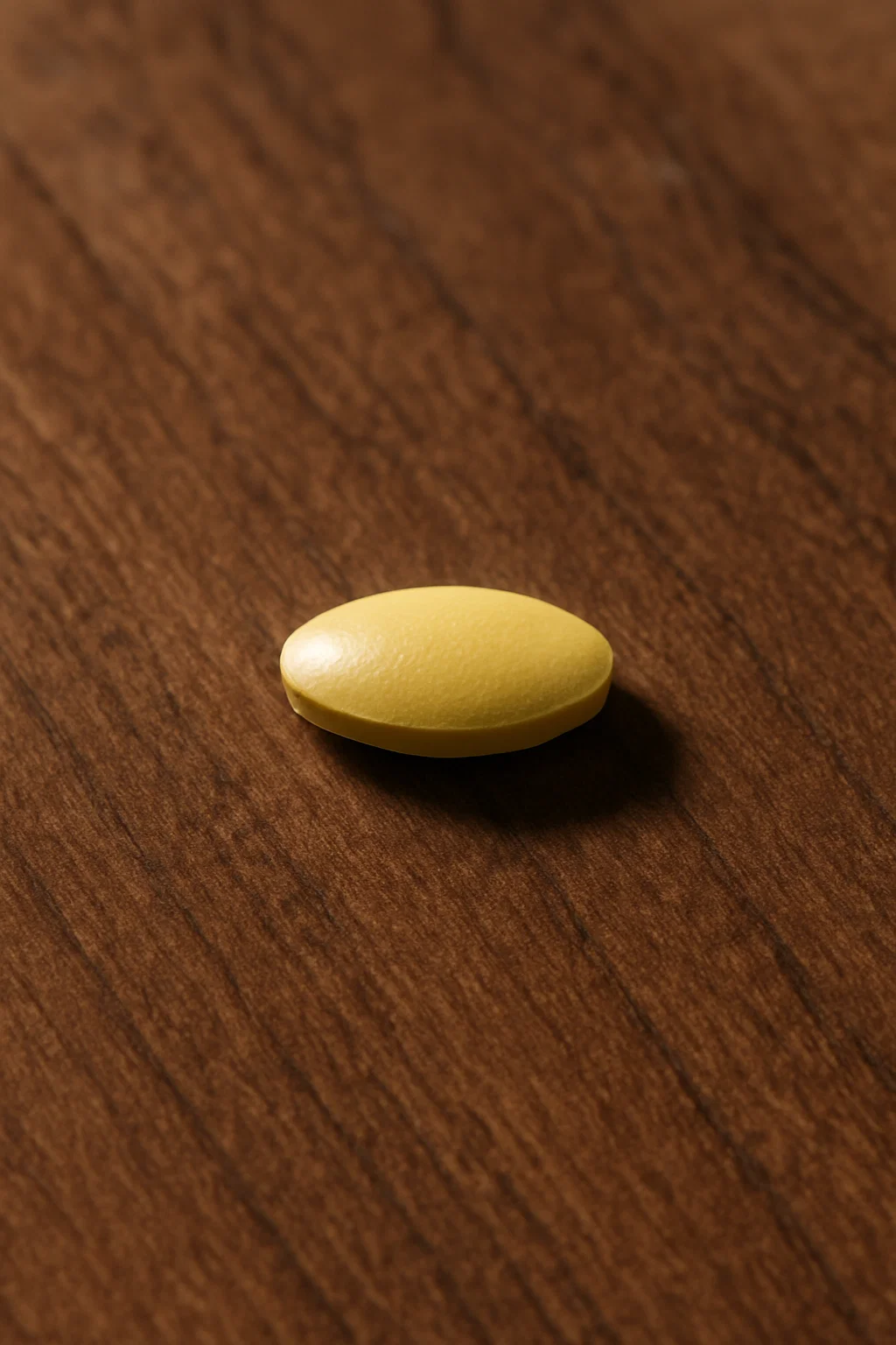 Oblong yellow pill casting shadow on wooden surface