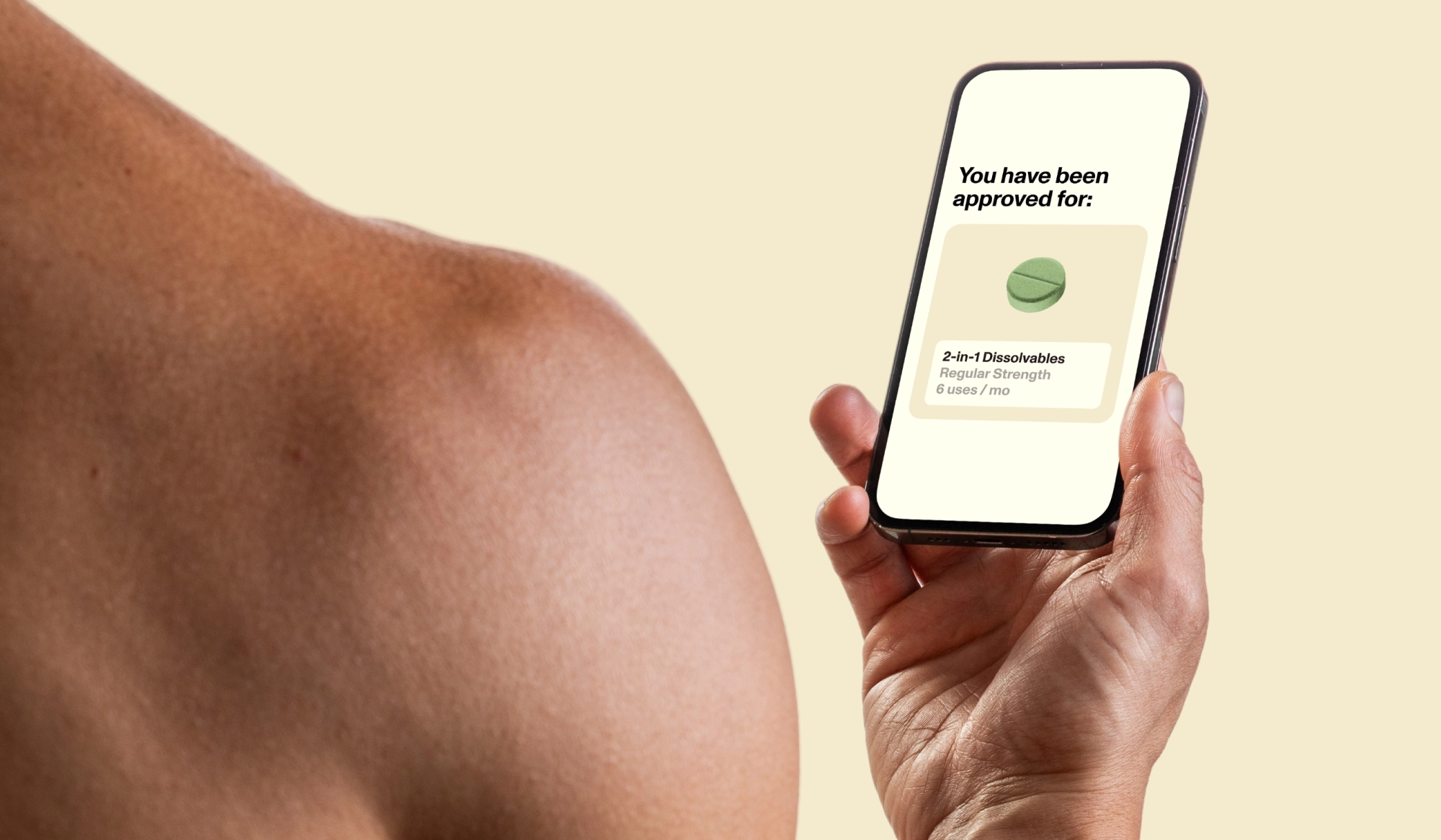 Shirtless man holding phone displaying a message that reads ‘You have been approved for: 2-in-1 Dissolvables’