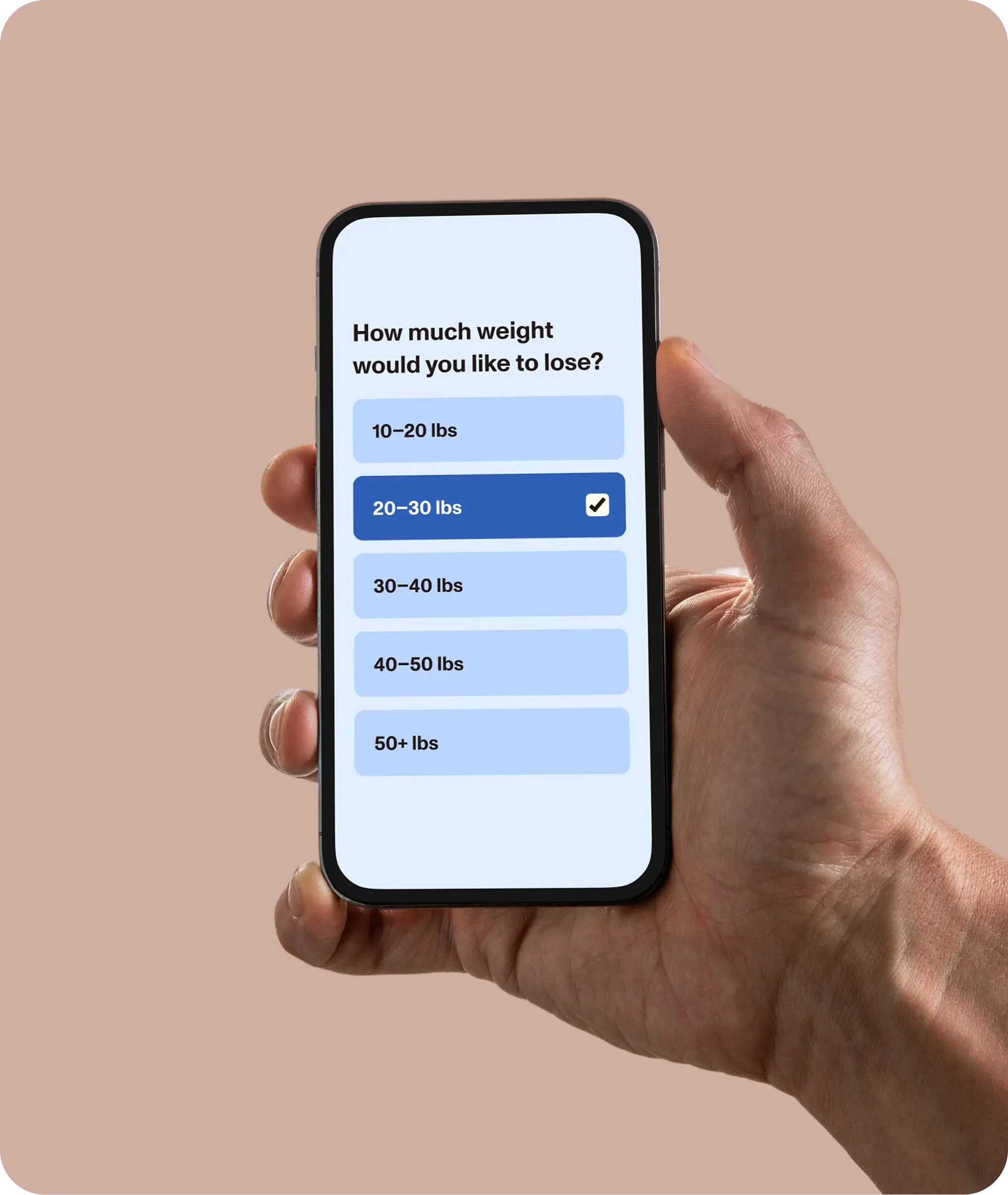 A hand holds a phone displaying a survey question reading ‘How much weight would you like to lose?’’ with options for different weight ranges
