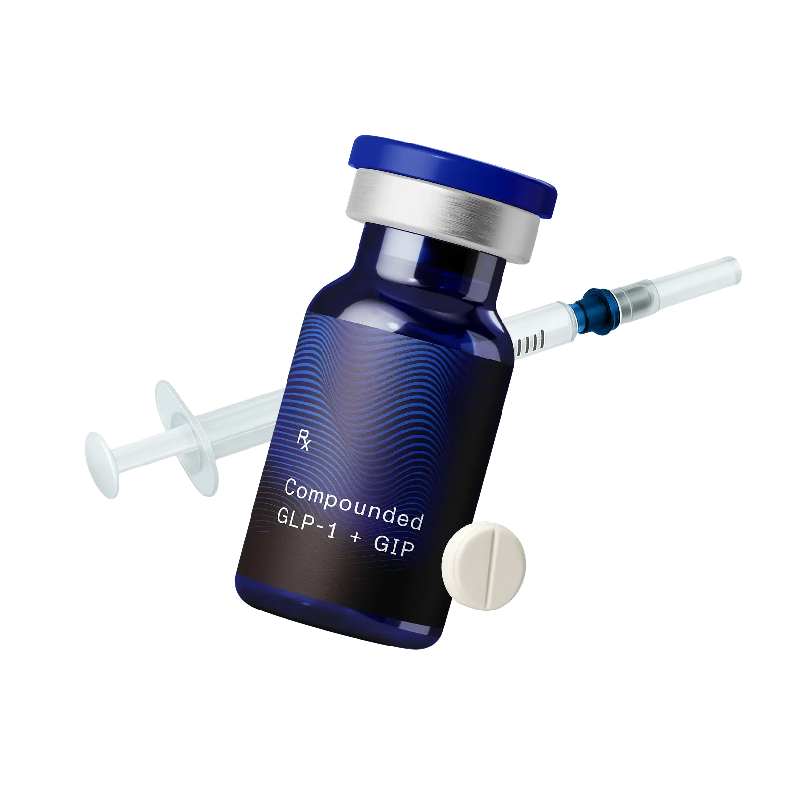 A floating blue vial labeled “Compounded GLP-1” with a syringe and a white tablet