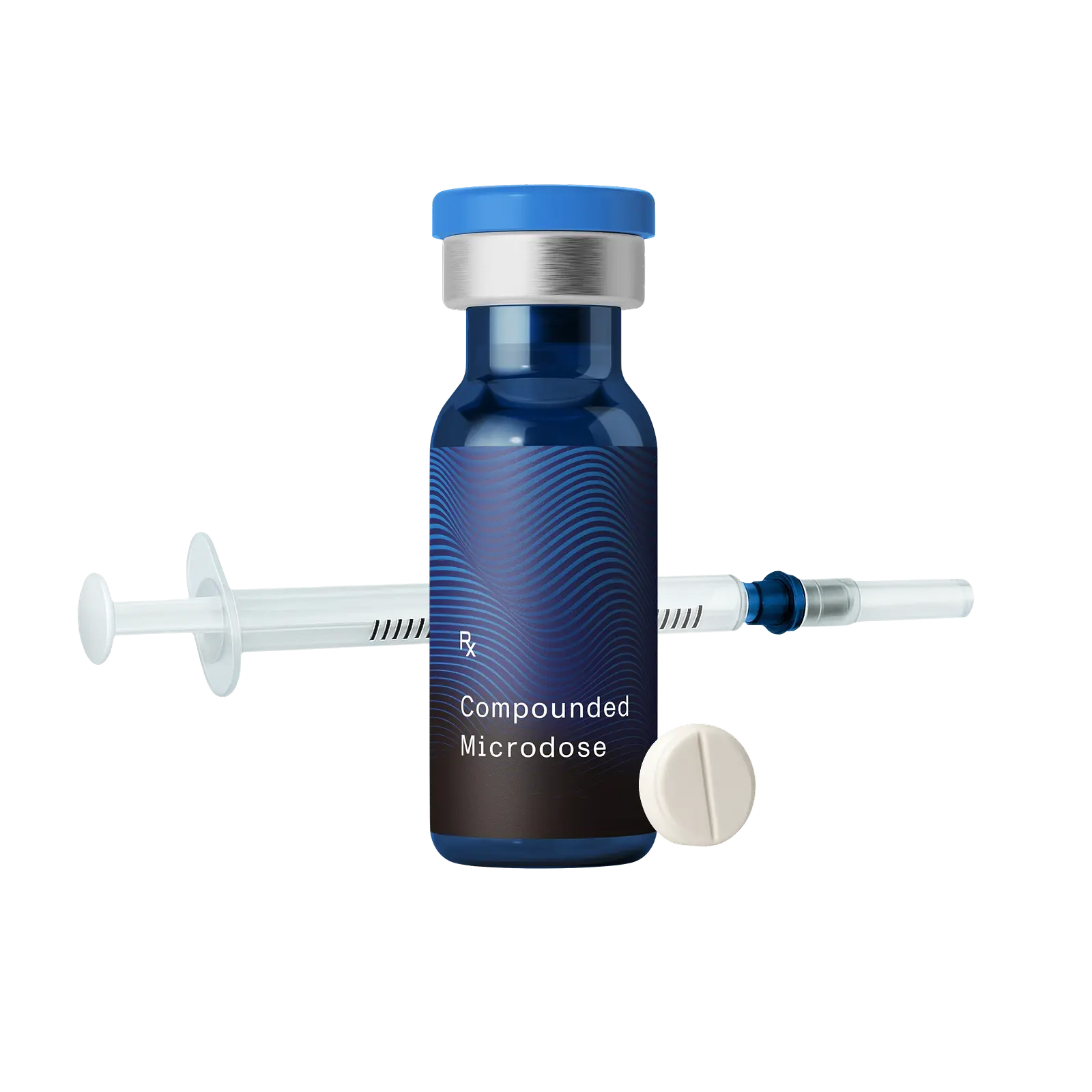 A floating blue vial labeled “Compounded Microdose” with a syringe and a white tablet