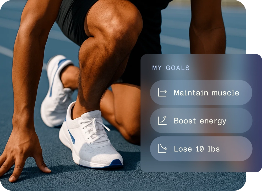 A man in athletic wear kneels on a track, ready to run, with an overlay that reads: ‘My goals: Maintain muscle, Boost energy, Lose 10 lbs’
